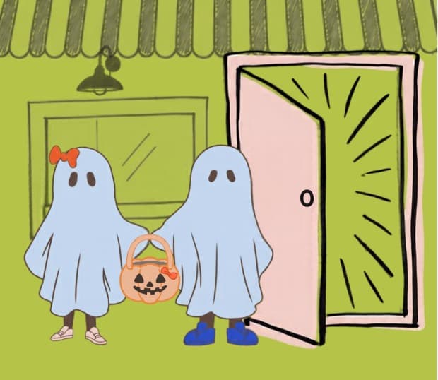 Trick-or-Treat & Create poster with two costumed ghosts holding a pumpkin bucket outside a green door at Bloom Play Lab